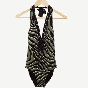Michael Kors Zebra Print One Piece Swimsuit Sz 10 Black Olive Halter Lace Up EUC